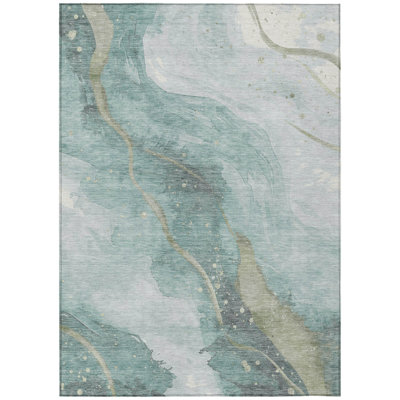 10' X 14' Teal Blue And Aqua Abstract Washable Indoor Outdoor Area Rug