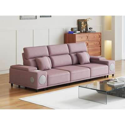 Canapé électrique inclinable à 3 places avec recharge sans fil, système audio, contrôle indépendant de la zone de vie à trois zones, couleur rose, cadre en eucalyptus avec positionnement zéro gravité et construction de type C