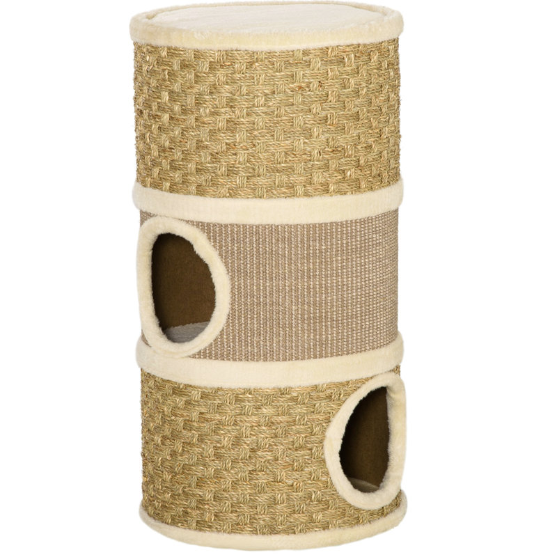 Chat 28 pouces, 3 cachettes avec tapis à griffer pour chats d'intérieur, kaki et brun - structure confortable et stable Chariot pour chats de 3 étages isolé de 28 pouces, abri solide et confortable