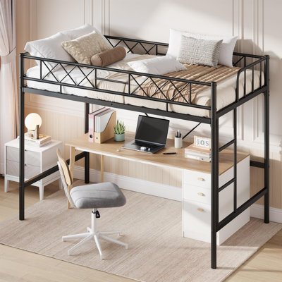 Loft Bed Twin Size with Arched Safety Guardrail & Safety Ladder, Heavy Duty Metal Frame with Sturdy Steel Slats, No Box Spring Needed, Space Saving for Compact Rooms, Matte Black