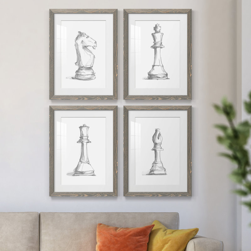 Chess Room Study I - Ensemble de 4 reproductions de cadres photo, Gris, H 37,5 po x l 110 po x P 1,5 po