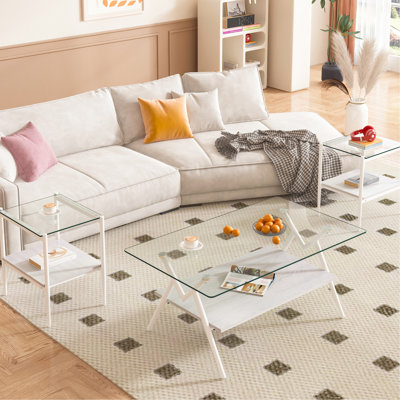 Table basse moderne et tables de bout de 3, verre trempé gris avec couche pour le salon 3, look