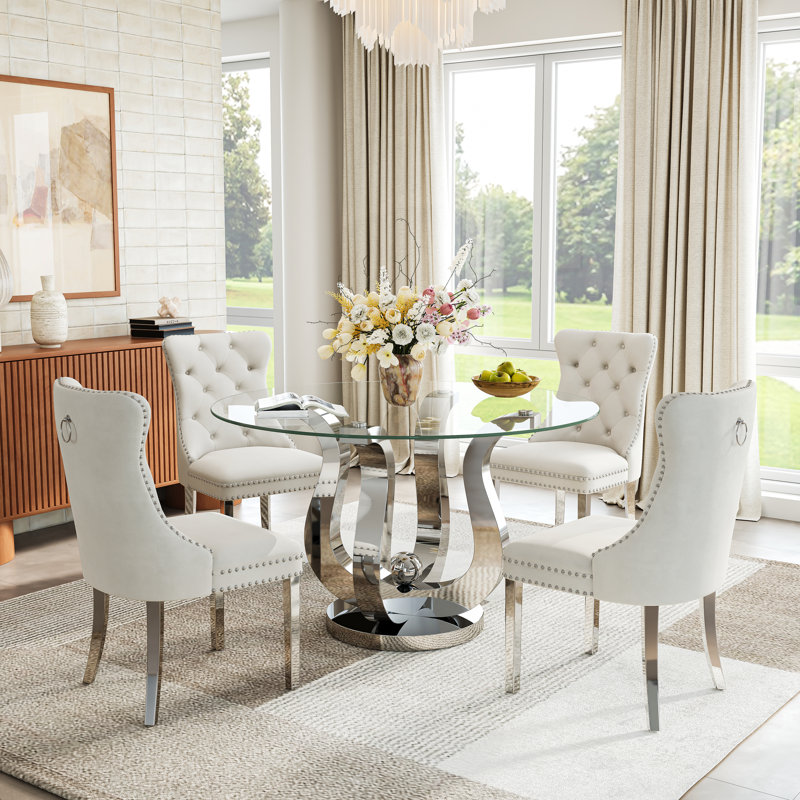 Modern 47" Round Glass Dining Table Set, 0.39" Tempered Glass Top, Polished Floral Stainless Steel Base, Velvet Chairs With Tufted Back & Nailhead Trim