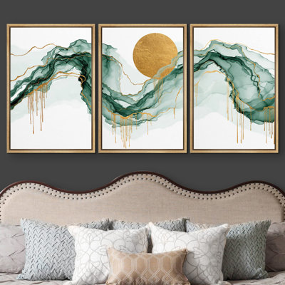 Abstract Landscape Gold Sunshine Sun Green Pastel Smoke Cloud Wave Abstract Illustrations Modern Art Rustic Landscape