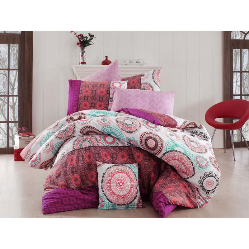 Ensemble de housse de couette en coton blanc / rose / rouge Hilda