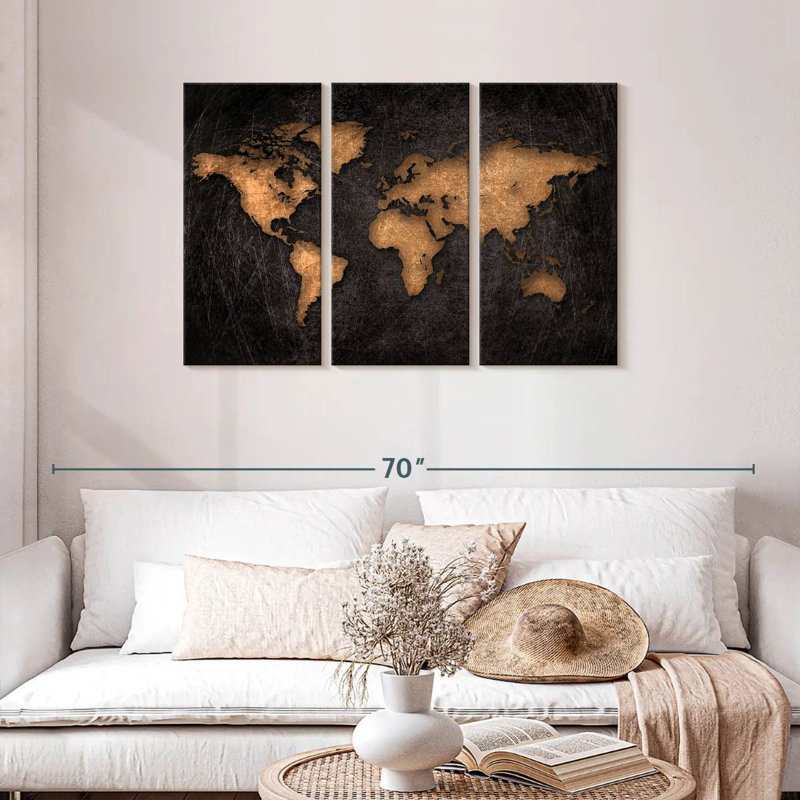 «World Map Aged World Map XXXIV», ensemble de 3 pièces sur toile par Finnian P, H 28 po x l 45 po x P 1,25 po