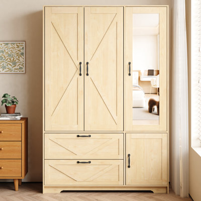 Garde-robe naturelle à 4 portes avec miroir, détecteur de mouvement automatique, 2 tiroirs et tringle pour porte de rangement pour chambre à coucher avec tiroirs, solution à tablettes réglables