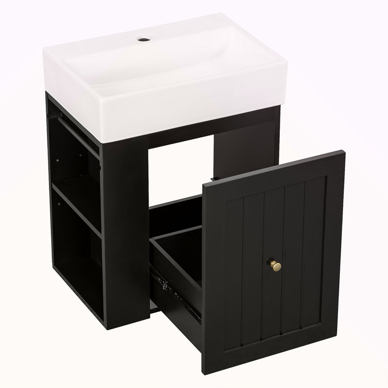 Meuble-lavabo de 20 pouces avec lavabo en céramique, armoire de rangement en panneau de fibres à densité moyenne avec tiroir, tablette latérale et poignée dorée - meuble-lavabo moderne pour les petites salles de bain