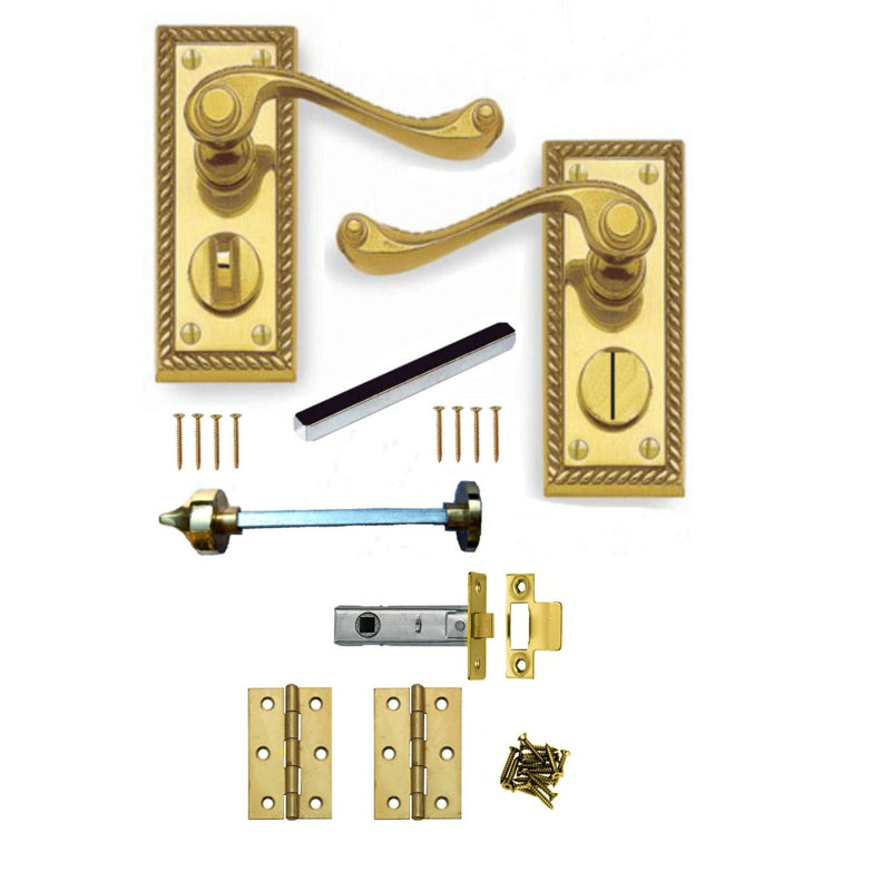 Georgian Design Privacy WC Door Handles in Polished Brass Finish with Hinges and Latch - 107mm x 48mm