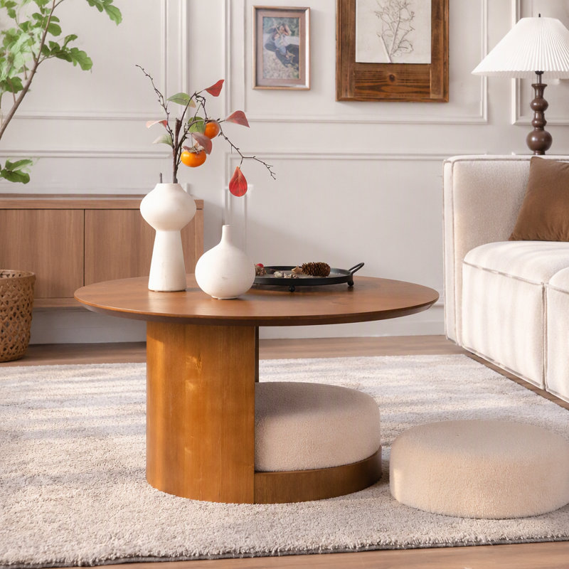 Table basse ronde en bois 31,5 "avec 3 tabourets gigognes en tissu Teddy, ensemble de table centrale multifonctionnel avec rangement caché Farmhouse