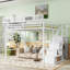 Grand lit mezzanine avec escalier, grand lit mezzanine en métal avec tablettes de rangement, lit mezzanine haut avec garde-robe pour enfants adolescents, blanc (date d’arrivée prévue: 2025/7/20)