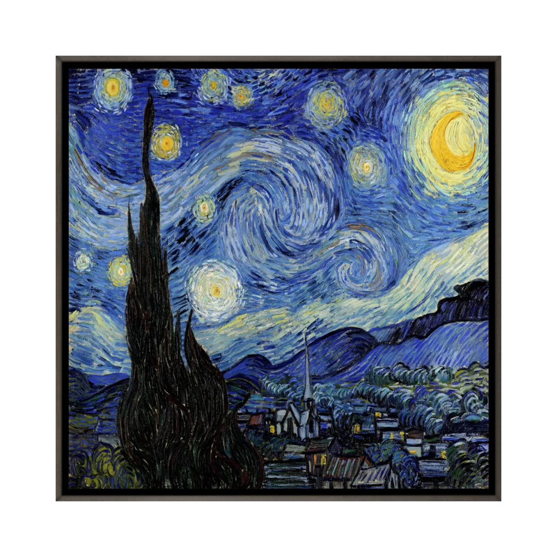 «The Starry Night» par Vincent Van Gogh - reproduction, H 26 po x l 26 po x P 1,5 po, Toile encadrée de bois rustique foncé