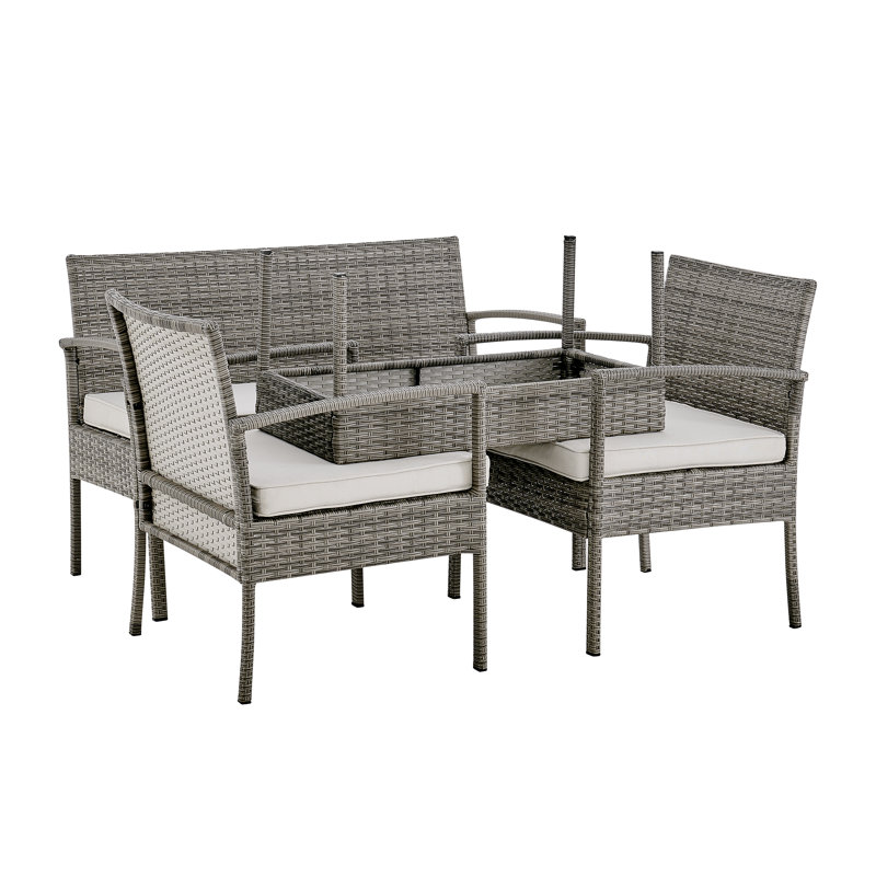 Kellsey Outdoor 4 Seat PE Rattan Sofa Chairs and Coffee Table Set - Garden & Patios (Cover Included), Gray
