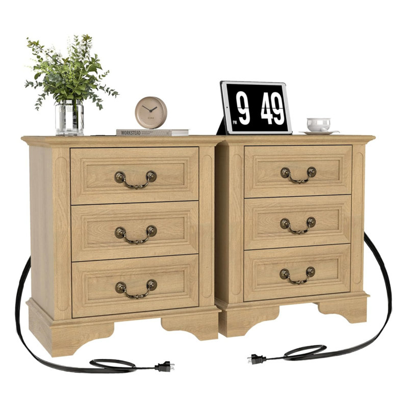 21.65'' Wide Nightstand With 3 Drawers (Set Of 2), Natural, Set of 2