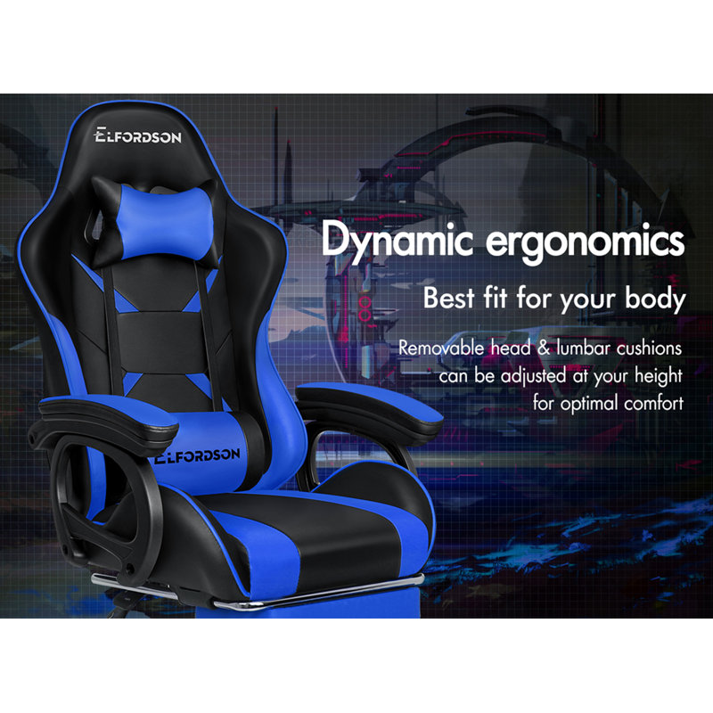 ELFORDSON Xavier Adjustable Reclining Faux Leather Swiveling PC & Racing Game Chair with Footrest, Blue