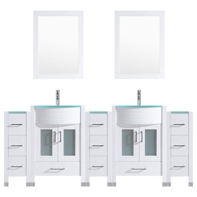 Marguez 96 " W Freestanding Standard Free Standing Single Double Vanity Bathroom Vanity With Glass Top with Mirror