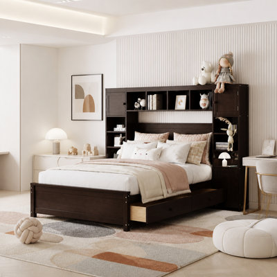 Wooden Bed With All-in-One Cabinet and Shelf