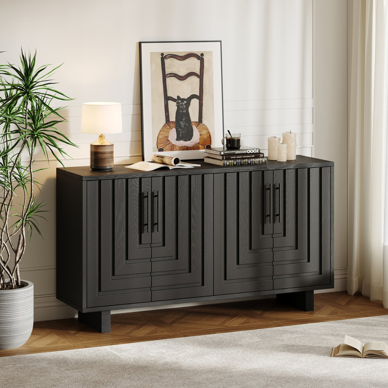 Modern sideboard, 59''×15.75''×32.5'' storage cabinet with 4 doors, Black