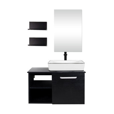 28 po X P 19 po P x 16 po Meuble-lavabo de salle de bain H noir avec lavabo et comptoir à surface solide noire et miroir