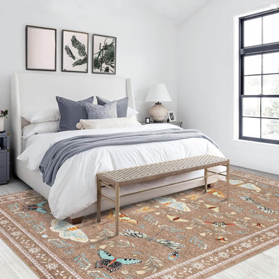 Insect Machine Washable Soft Area Rug for Living Room, Low Pile Non-Slip, Under Bed, Thin, Farmhouse Style.