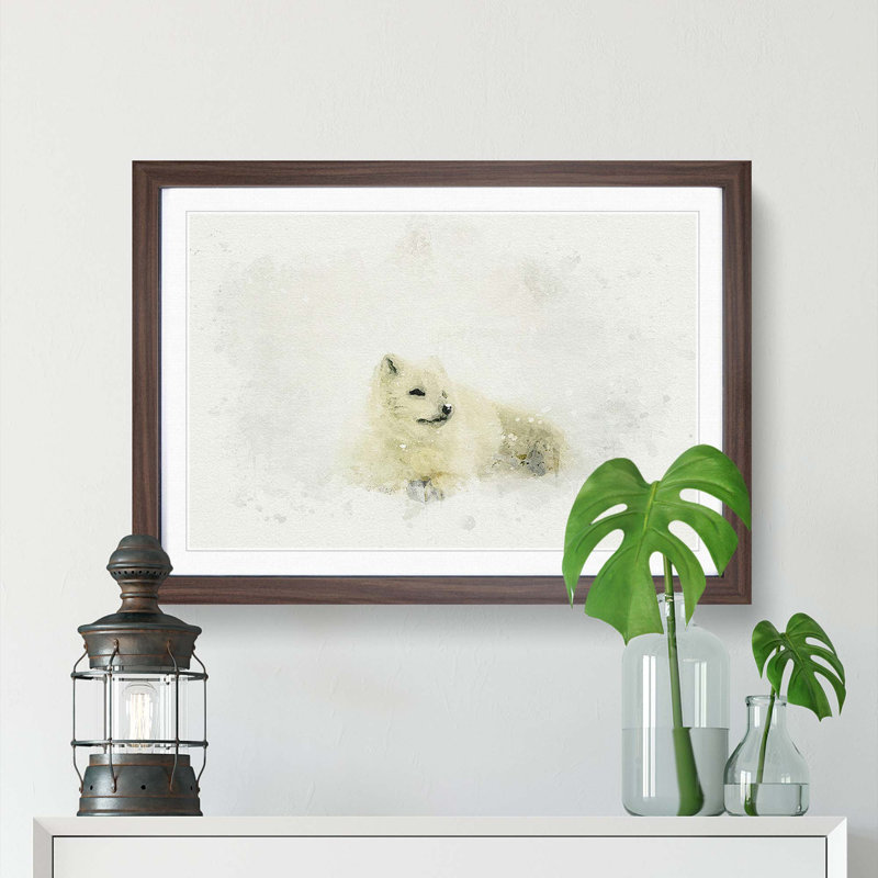 Resting Arctic Fox in Abstract - Picture Frame Graphic Art Print, 27cm H x 36cm W x 2cm D, Walnut Framed