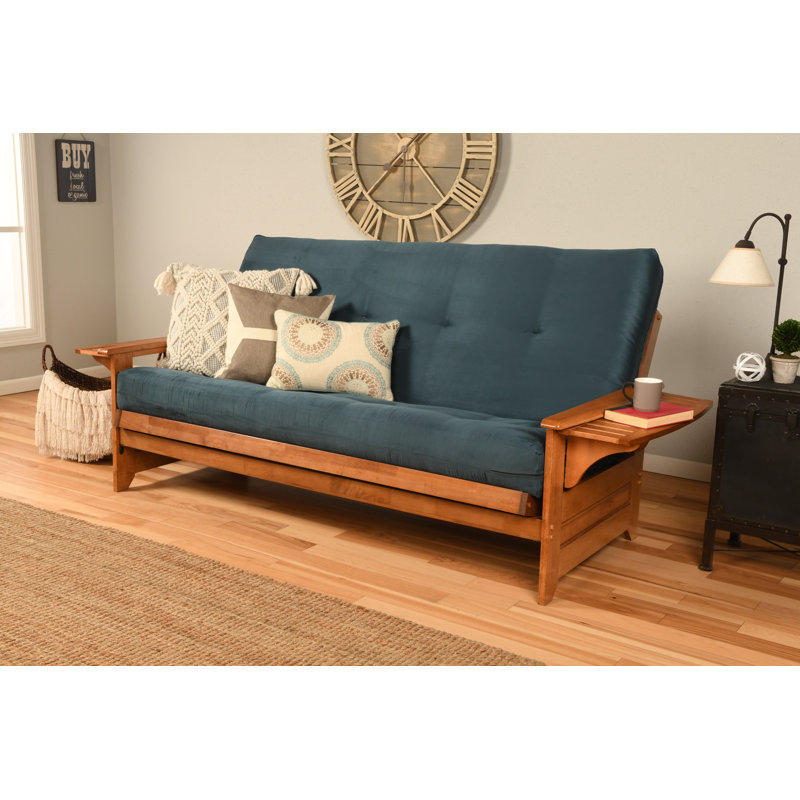 Johnte 82'' Wide Full Futon And Mattress, Suede Blue Microsuede, Barbados, Innerspring