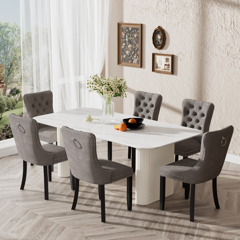 Elegant Marble MDF Dinning Table Set, 7, Gray