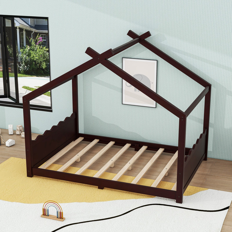 Montessori House Floor Bed with Center Support Legs, Low‑Profile Safe Design, Espresso, Full