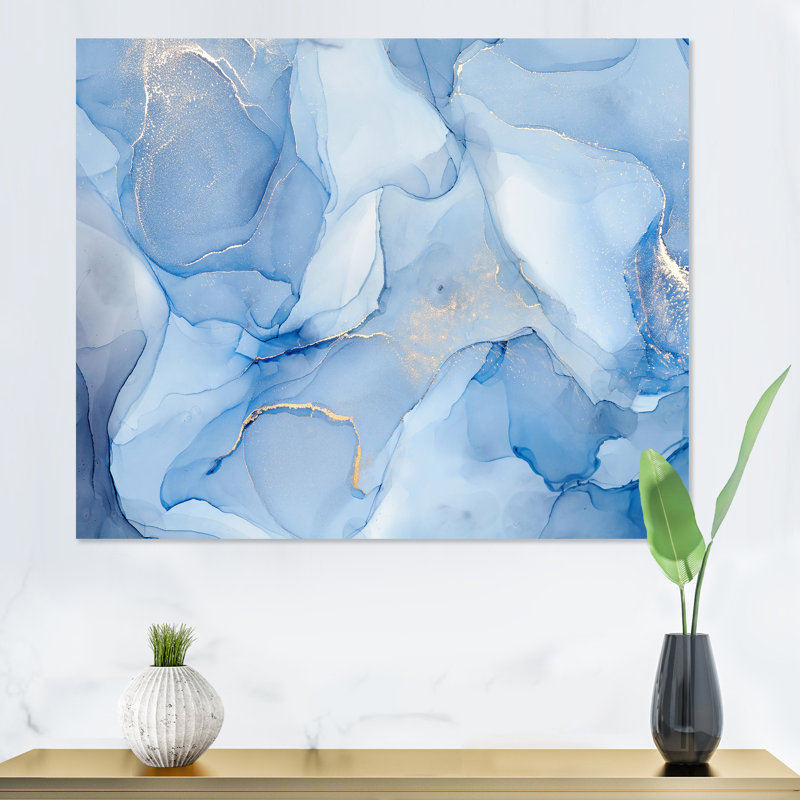 Art liquide à l'encre liquide dans des tons de bleu clair I - art mural abstrait sur toile, H 16 po x l 32 po x P 1 po