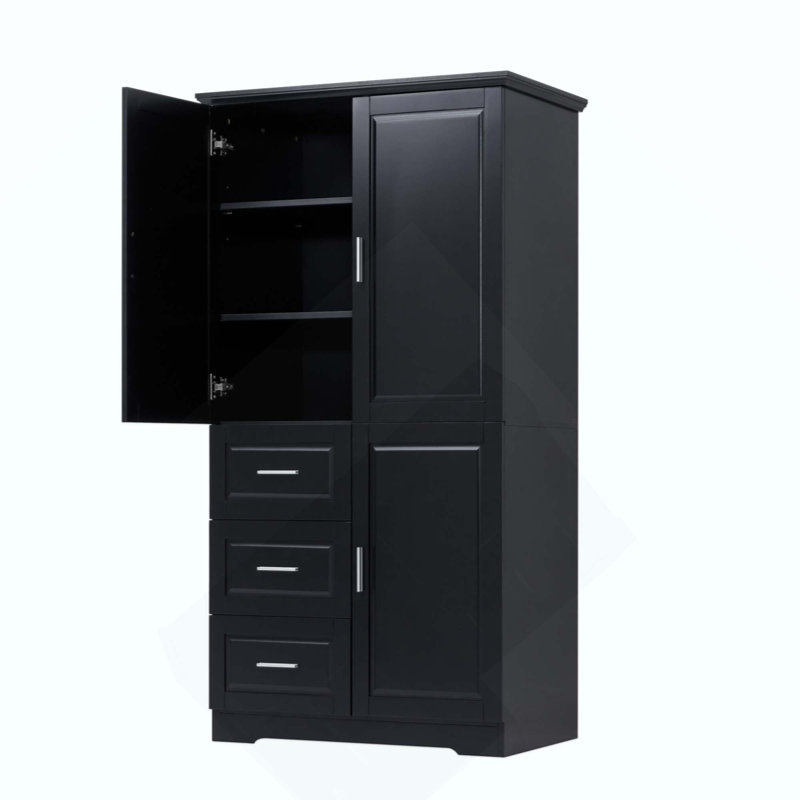 Tall And Wide Storage Cabinet With Doors For Bathroom/Office, Three Drawers, Black