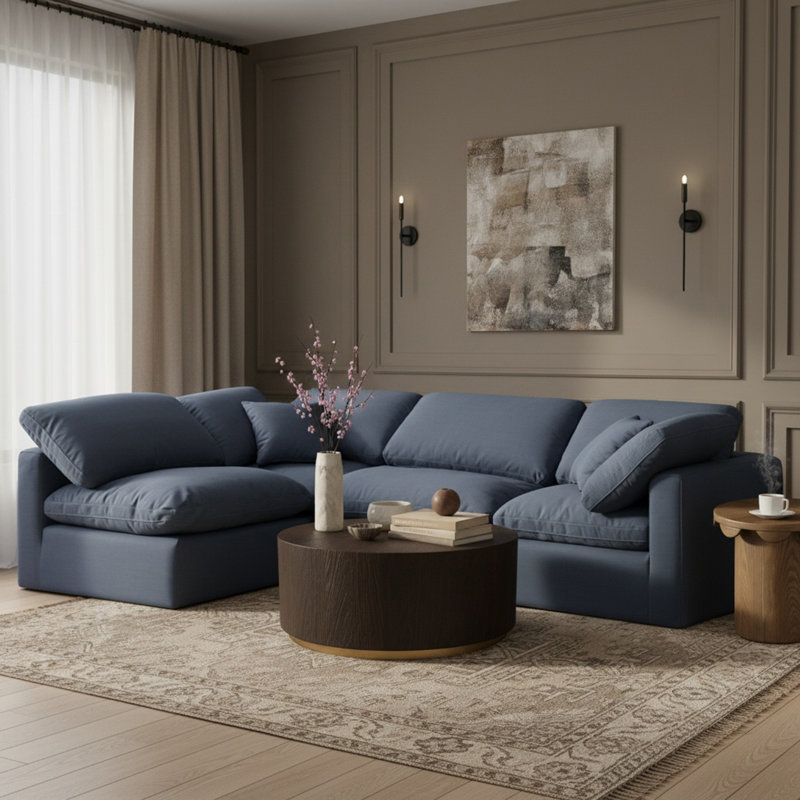 Canapé modulaire rembourré 4 pièces Izzet, Tissu texturé en lin bleu marine