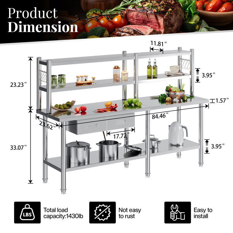 Ensemble de table en acier inoxydable Precision Zenith, table de préparation de cuisine avec tablette réglable, surface en métal certifiée NSF (inclut les roues et le dosseret) pour la cuisine, le restaurant, l'hôtel et le garage