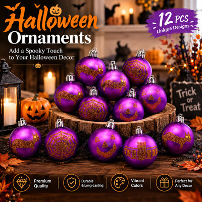 Ensemble de 12 décorations d'Halloween à suspendre, boules décoratives en plastique violet avec motifs toile d'araignée, chauve-souris, citrouille, chat et fantôme pour décorer l'arbre de Noël, les fêtes et la maison.