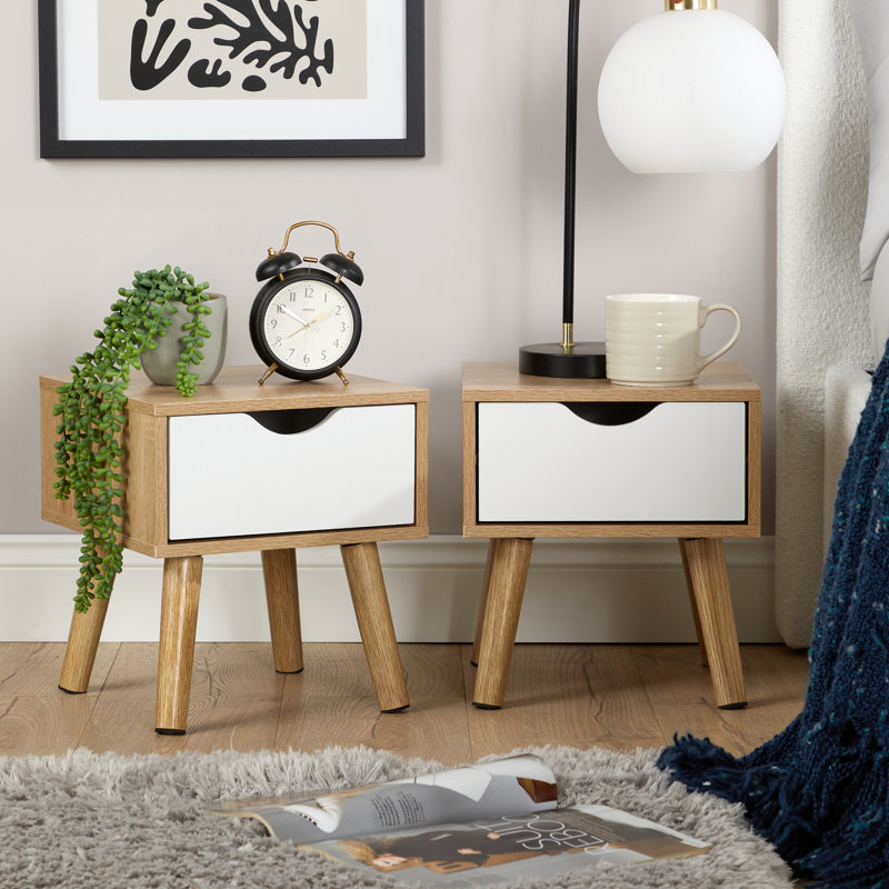 Clarinda Pair of 1 Drawer Scandi Bedside Table Units, Brown