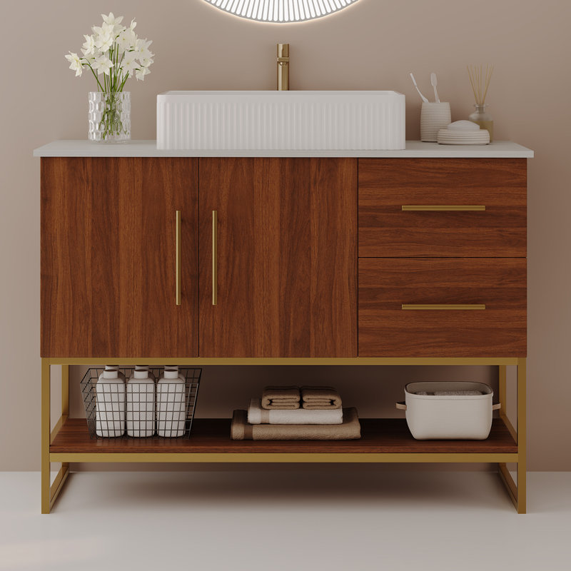 Meuble-lavabo autoportant 36 po avec lavabo en céramique et plateau en pierre frittée 36 po, meuble-lavabo en bois et or pour la salle de bain