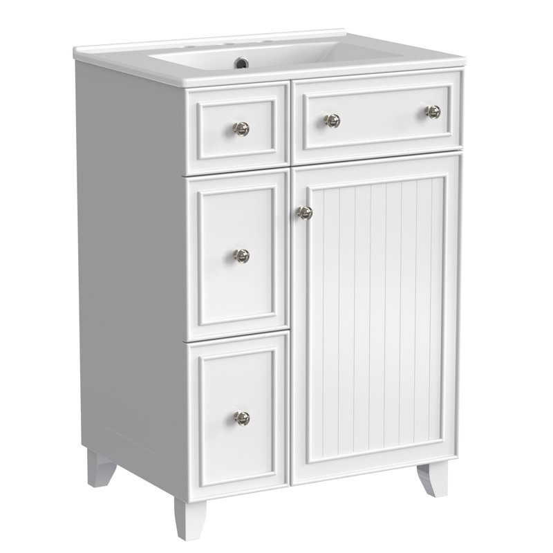 24" Bathroom Vanity Cabinet With Ceramic Top, White, Silver