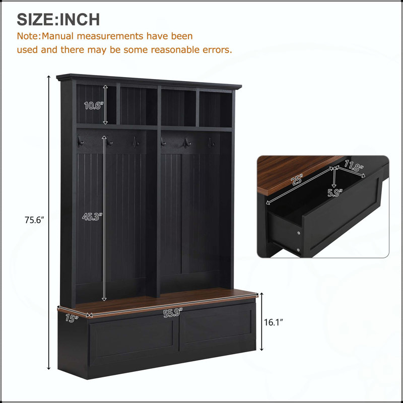 4-in-1 Farmhouse Hall Tree with 2 Drawers and Wood Grain Bench, Black
