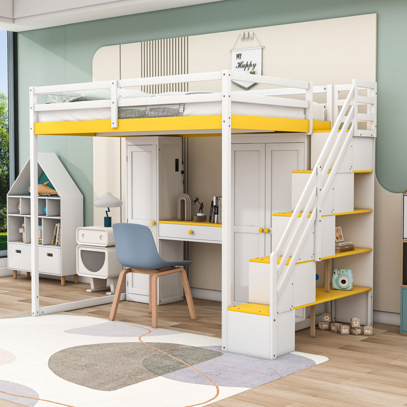 Full Wooden Loft Bed With USB Charging Ports, Wardrobe, Light, Dressing Table And Shelves, White Yellow