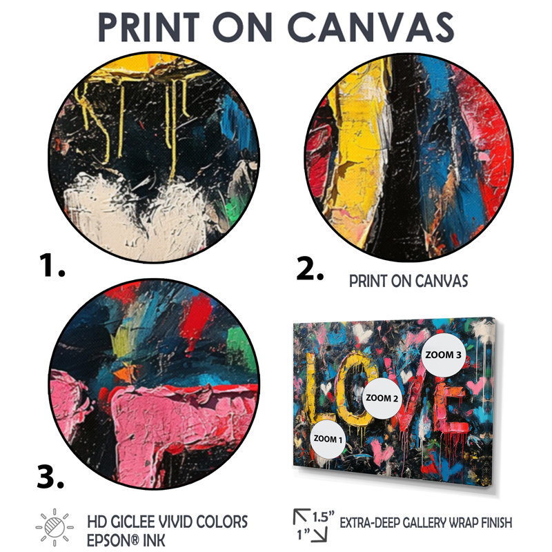 Love Pop Art Graffiti Artwork - Pop Art Wall Art Living Room, Toile avec cadre flottant noir, H 28 po x l 60 po x P 1,5 po