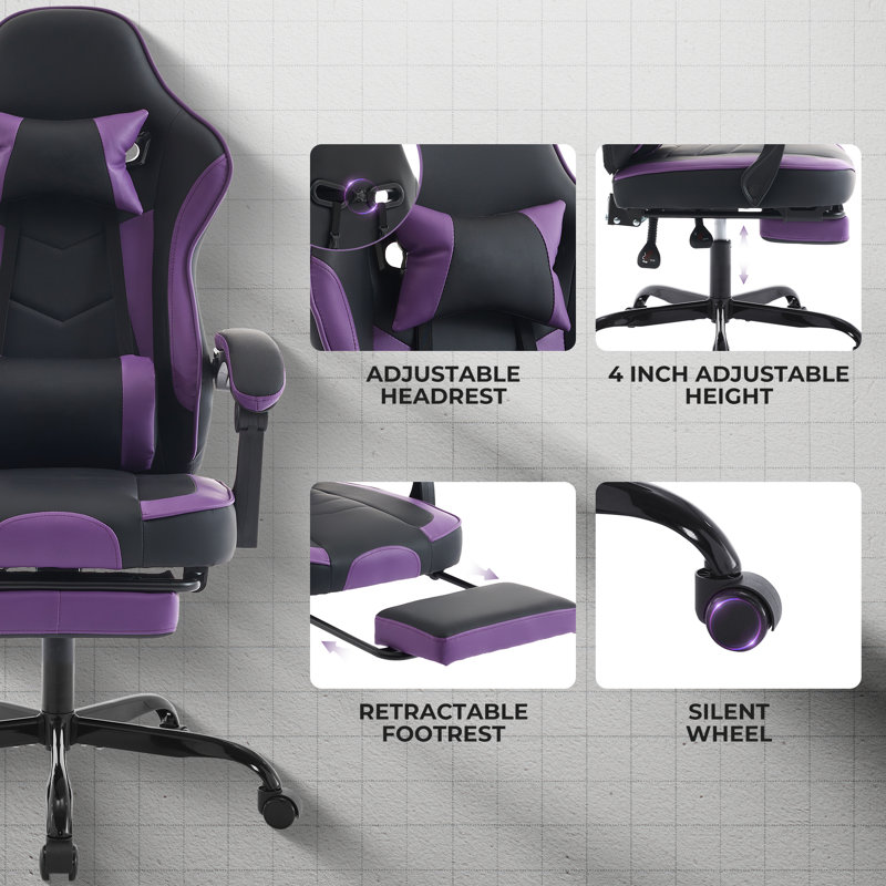 Faux Leather Ergonomic Gaming Chair, Adjustable Video Gaming Chair with Footrest & Linkage Armrest, 360° Swivel Computer Chair for Office, Gaming, Study