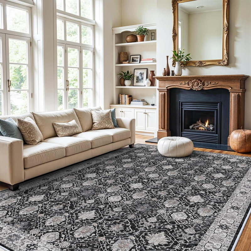 Washable Large Area Rug: Indoor Oriental Living Room Carpet with Non Slip Backing Ultra Soft Low Pile Rugs for Bedroom Dining Room Distressed Stain Resistant Thin Floor Mat (Black)