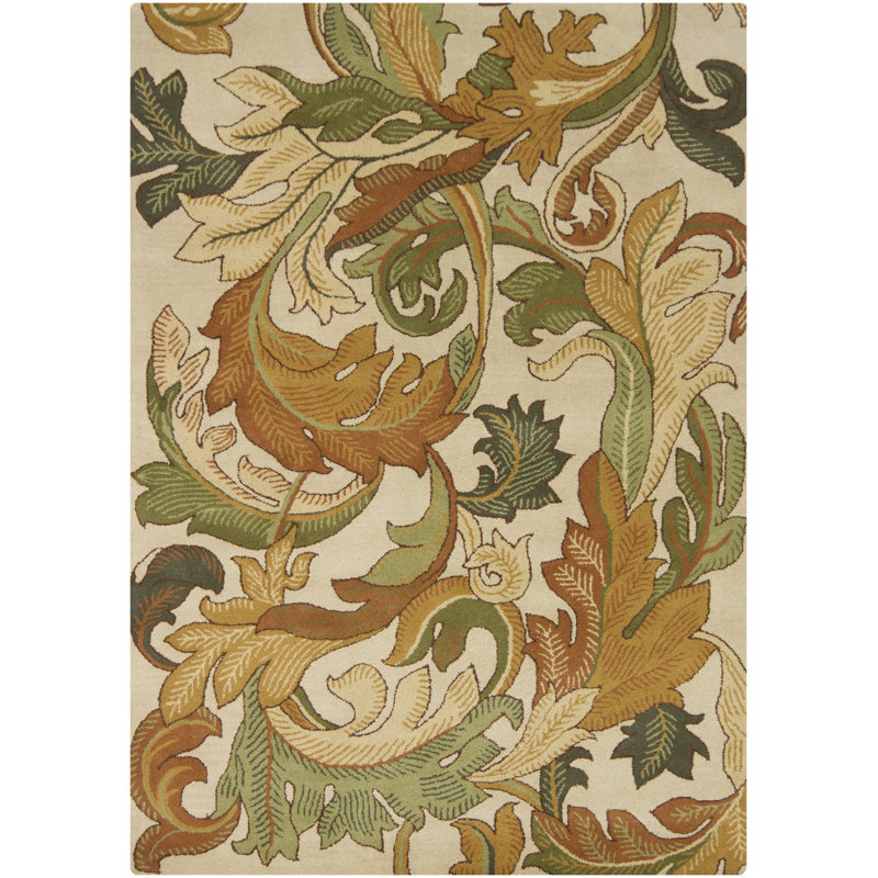 Tapis artisanal en laine touffeté à la main crème, sauge, rouille et doré Tisha, Rectangulaire 7 pi x 10 pi