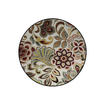 Round Leaf and Floral Detailed Woven Base Modern Decorative Machine Washable Rug