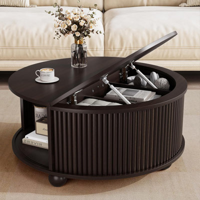 Table basse ronde avec rangement, table basse à cannelures 31,5 "Mid Century Modern