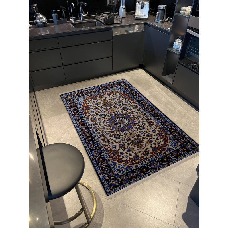 Tapis décoratif multicolore à motifs bleus et beige, Tapis de couloir 3 pi 9,81 po x 9 pi 10,11 po