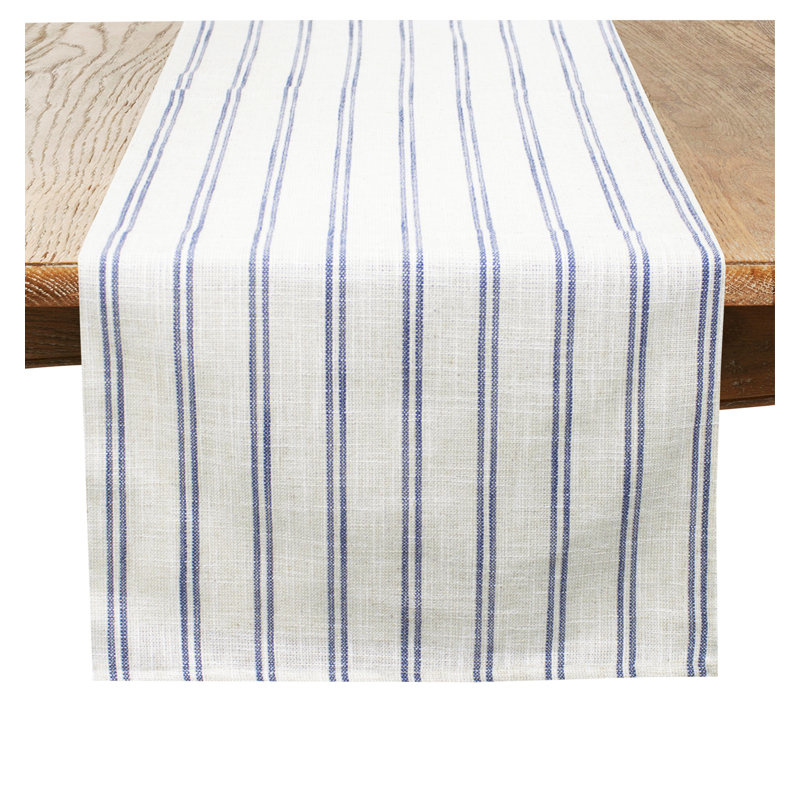 Beige-white Modern Striped Linen Blend Table Runner, 72" x 16" , Indigo/White