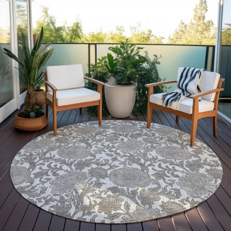Washable Floral Indoor / Outdoor Rug, Round 8'