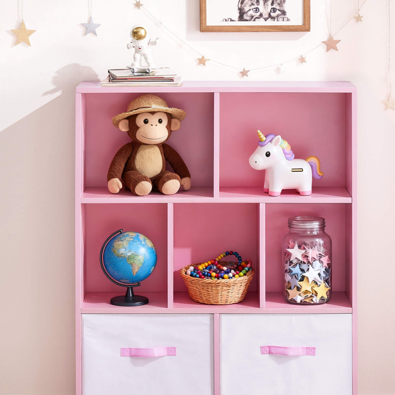 Amaiah 3-Tier Storage Bookcase, 7 Cube Open Shelves with Fabric Drawers, Wood Display Cabinet
