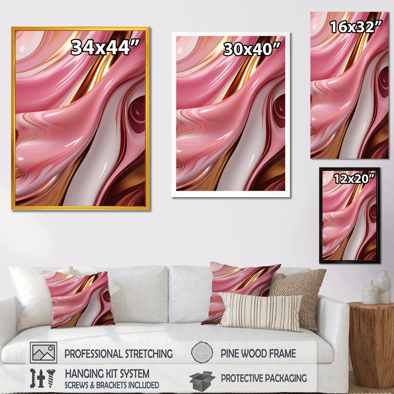 Rose liquide et or succulent Glam Art Alchimie - formes abstraites, art mural salon, H 44 po x l 34 po x P 1,5 po