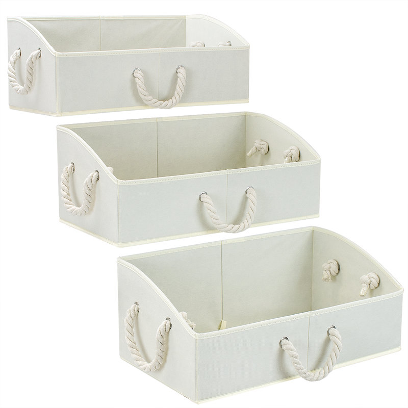 Beige Fabric Collapsible Storage Bins with Rope Handles, Set of 3